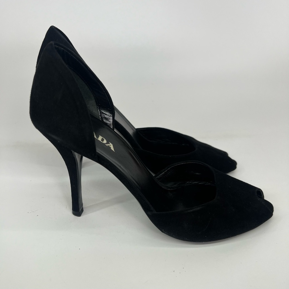 Prada black suede peeptoe stiletto pumps D’Orsay style size 39 US 9 Nine 4” heel - Picture 3 of 10
